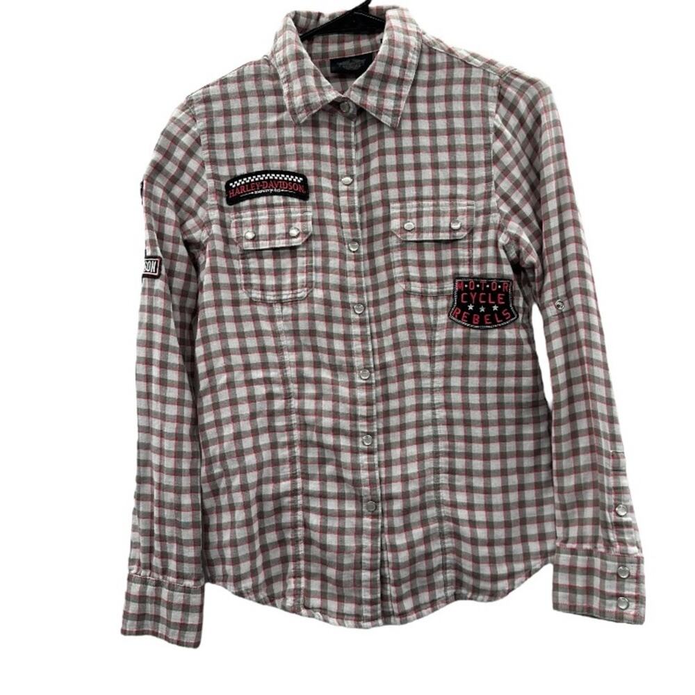 Harley Davidson HD Gray, White & Red Plaid Long Sleeve Button Down Shirt Sz S